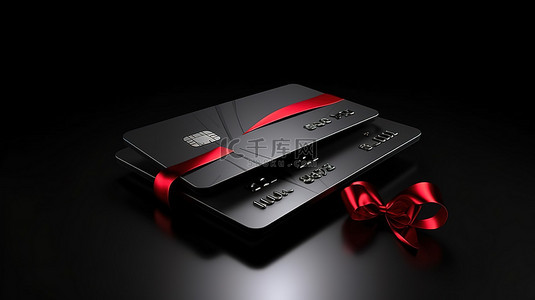 优质黑色信用卡包裹着醒目的红丝带终极奢华礼物 3D 渲染
