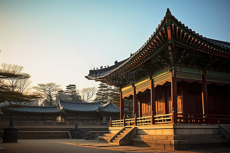 城市日出背景图片_东朝鲜首尔寺庙的日出