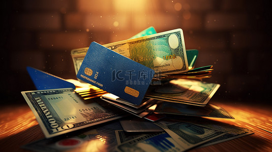 轮播图销售市场背景图片_以银行卡和金钱为特色的销售概念的 3D 渲染