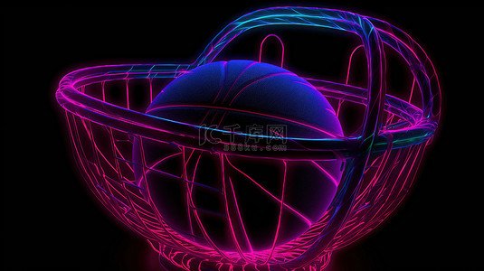 篮球比赛背景图片_3d 渲染中带有粉色紫色和蓝色发光霓虹灯线的篮球篮的正面视图