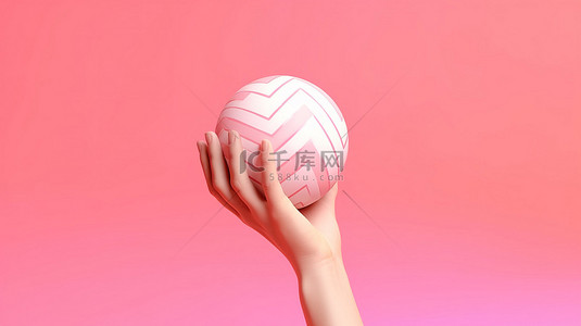 周末旅行背景图片_粉红色背景下手急切地伸手去拿沙滩球的 3D 渲染
