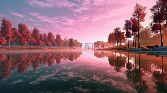 风景晚上背景图片_令人惊叹的粉红色树木和绿草反射在 3D 日出景观中的湖面上