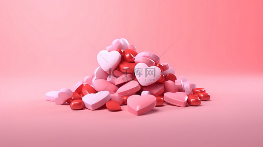 体现爱心背景图片_粉红色背景上单色色调的红心形糖果，以 3D 渲染，体现情人节概念