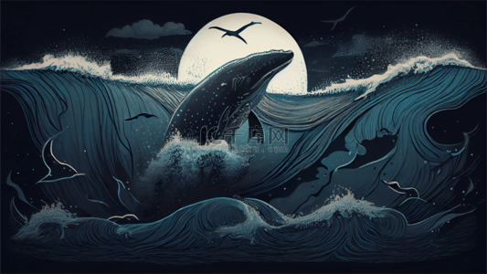 海浪海豚夜色插画背景
