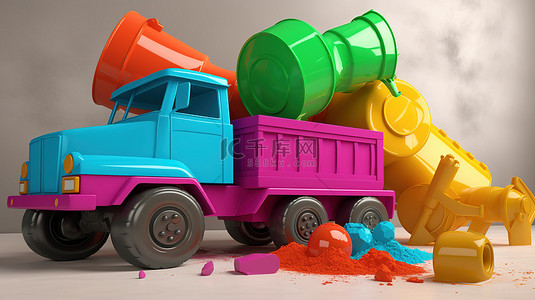 多彩多姿的敞篷自卸卡车和起重机 3D 插图儿童玩具