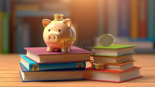 平衡在一堆硬币和书籍上的存钱罐的 3D 渲染
