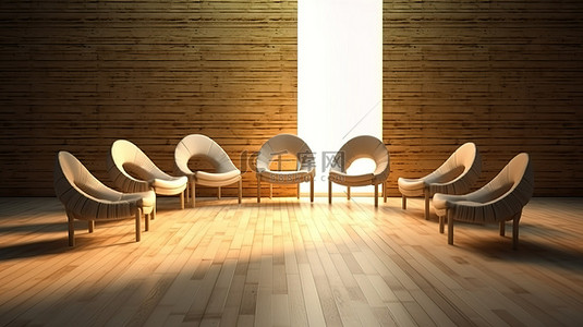 以圆形排列的椅子的 3D 逼真渲染