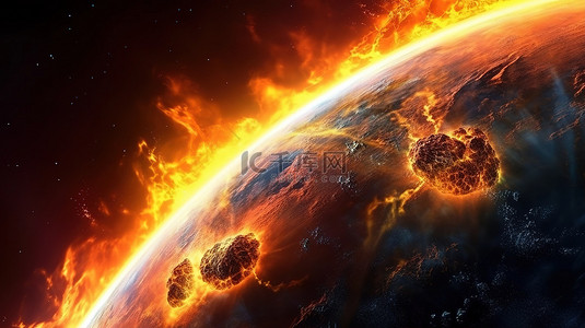 着火背景图片_壮观的 3D 行星在太阳风暴和太空全景中的星云中着火