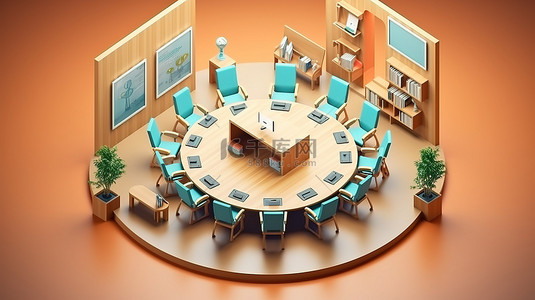 会议坐席卡背景图片_当代会议室的等距 3D 插图