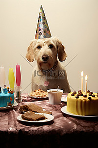 喝水的狗背景图片_生日聚会上的狗用碗和食物喝水
