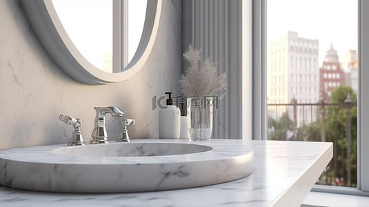 用于编辑的空白大理石台面放置在模糊的浴室内部背景 3D 渲染上
