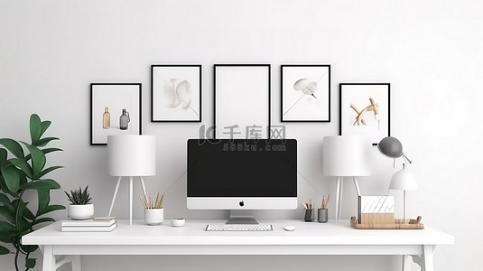时尚简约的家庭办公室，办公桌上配有电脑，白墙配有空框架 3D 渲染