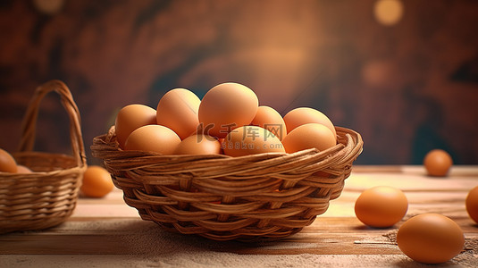 一篮子棕色鸡蛋逼真的 3D 渲染插图
