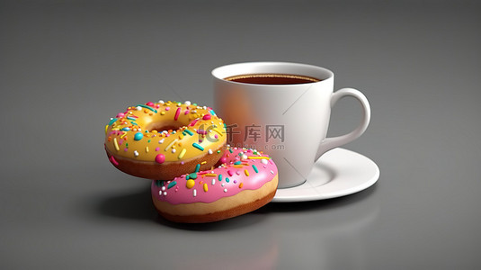 3D 灰色背景上充满活力的甜甜圈和咖啡杯