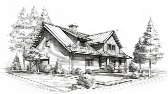 3d草图模型背景图片_迷人乡村小屋外观轮廓的 3D 草图轮廓