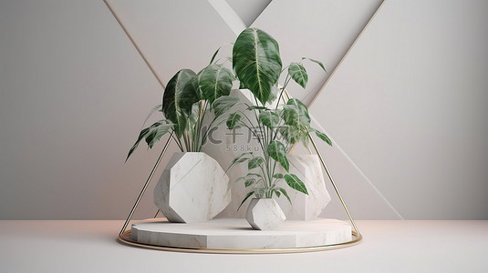 讲台几何与植物和石头在 3d 渲染独特的产品展示