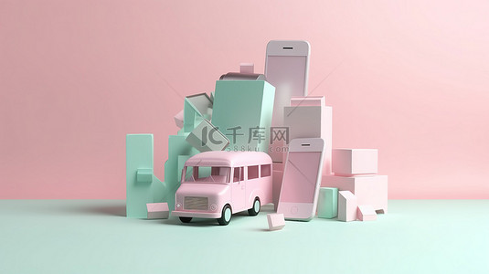带有智能手机钱和信用卡的送货卡车的柔和主题 3D 渲染说明在线营销购物和电子商务的概念