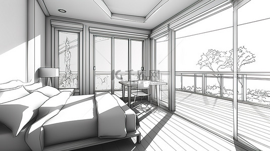 建筑草图的 3D 插图从阳台看到卧室