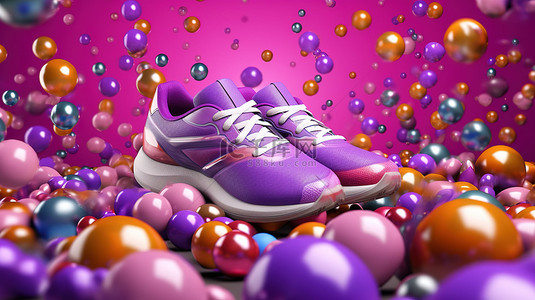 紫色背景 3d 渲染上围绕健身装备和跑鞋的彩色球