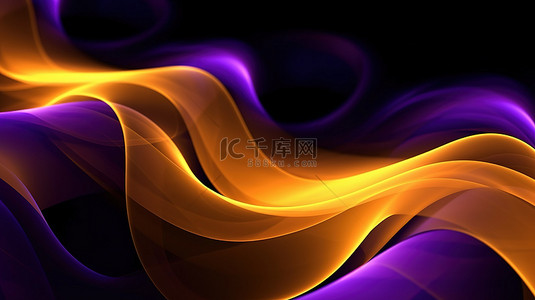 紫色和黄色纹理抽象中的分形波和线条的 3D 渲染