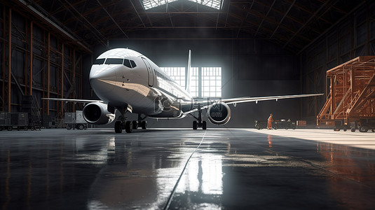 航空公司背景图片_维护机库显示商用飞机的 3d 渲染