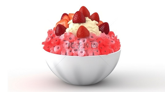 水果草莓新鲜背景图片_卡通风格 3D 渲染草莓 bingsu 刨冰在白色背景