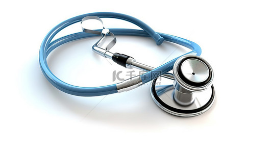 医疗卫生服务背景图片_在白色背景下隔离的用于医疗服务的蓝色听诊器的 3D 插图