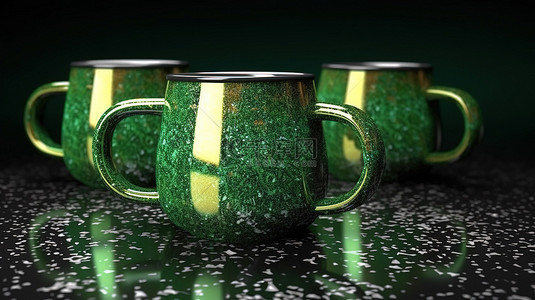 黑色背景 3D 渲染上金属绿色片状咖啡杯的特写镜头