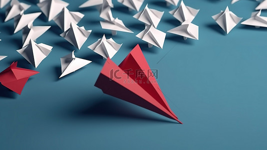 带路一架红纸飞机在蓝色背景中引领一队白色飞机，象征着商业领导力和团队合作 3D 渲染