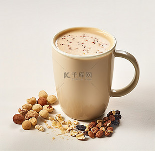 山核桃花生背景图片_一个咖啡杯，里面有食物坚果糊状山核桃核桃花生和豆奶
