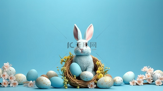 春季主题 3D 横幅或贺卡设计，以宁静的蓝色背景为特色，以兔子和鸡蛋为特色