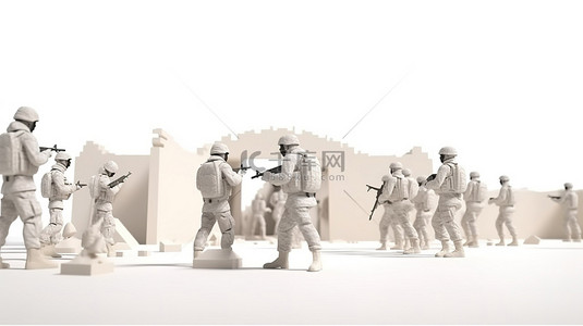 一名孤独的警察面对一群恐怖分子和土匪的 3D 渲染图像