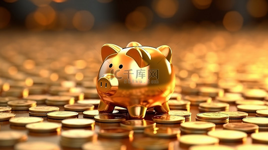 金猪存钱罐的 3D 插图和堆叠硬币是一种金融和储蓄概念，投资变得容易