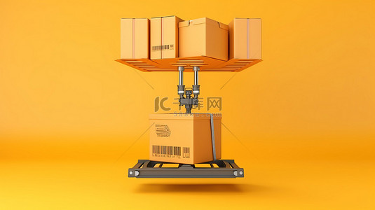 自动叉车背景图片_将包裹箱运输到机架的自动起重机的 3D 渲染