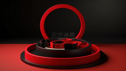 礼物盒框架背景图片_带有圆形框架的 3D 圣诞主题红色和黑色礼品盒
