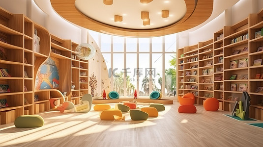 明亮欢快的学校图书馆，为孩子们提供色彩缤纷的木质和海洋主题的室内设计 3D 渲染