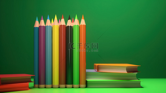 绿色背景 3d 渲染上充满活力的书籍和铅笔