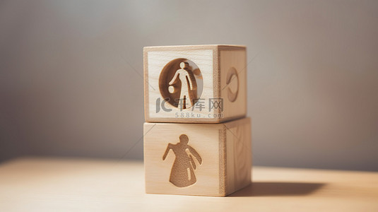 3d 木立方体，带有男性女性和联盟的符号