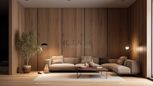 带木板的客厅的室内场景和模型 3D 渲染图