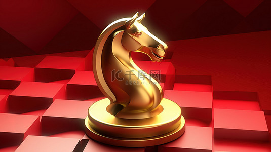红色国际象棋背景图片_红色哑光金板上的金色国际象棋骑士符号