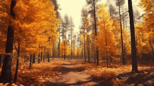 秋天的金色叶子森林中树木的 3D 插图