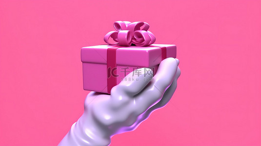 圣诞老人戴着手套的手抓着粉红色礼品盒的 3D 渲染
