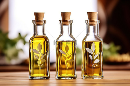 橄榄油瓶背景图片_三瓶橄榄油放在一张木桌上