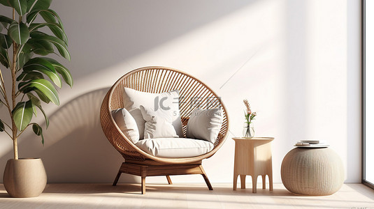 啄木鸟设计工作室背景图片_时尚别致的客厅设计，配有 3D 渲染的舒适柳条扶手椅