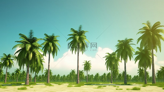 炎热背景图片_渲染中带有 3D 椰子树的夏季横幅