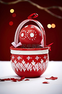 圣诞篮子背景图片_一个红色的篮子，里面有红色和白色的装饰品