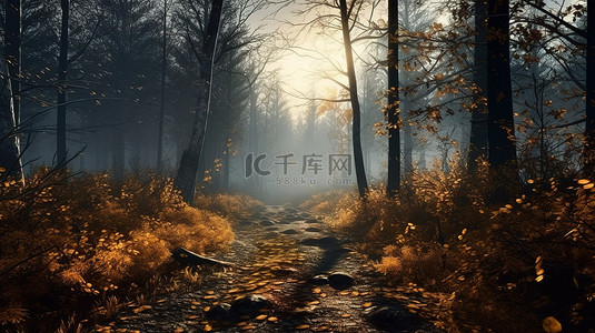 迷雾黄昏中迷人的秋季森林 3D 数字插图的小道覆盖着落叶