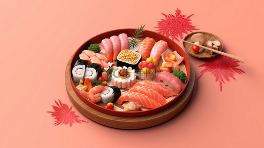日本料理美食背景背景图片_粉红色背景上呈现的日本料理的 3D 渲染插图