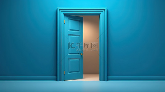 蓝色的门口在 3D 渲染的充满活力的背景下诱人地打开