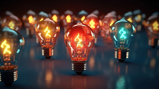 通过 3D 渲染，以创新和创造性思维脱颖而出，发光灯泡在众多灯泡中脱颖而出